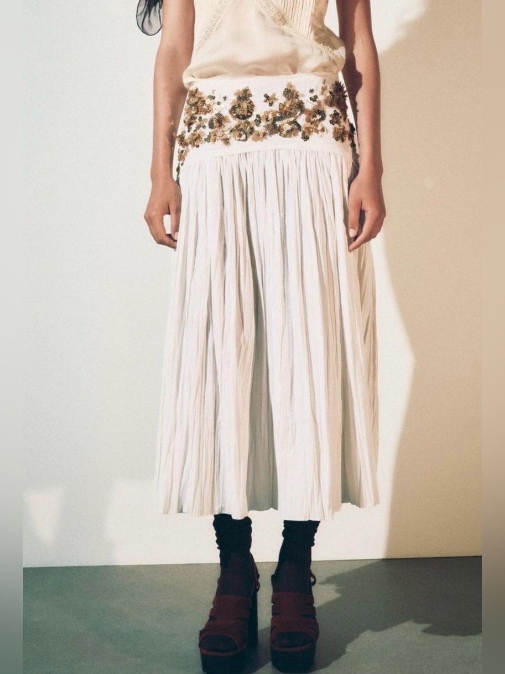 Zara ZW Collection Beaded Yoke Pleated Midi Skirt Size Small